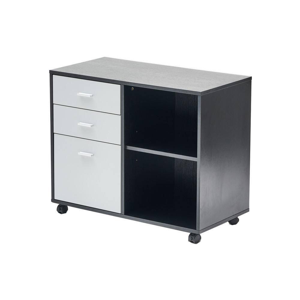 URTR Office Black and Light Gray Lateral File Cabinet with Drawers and Shelves Storage Cabinet with Wheels 1 EA Printer Stand HY02315Y