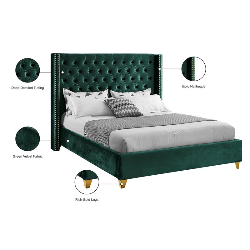 Meridian Furniture Barolo Green Velvet Queen Bed