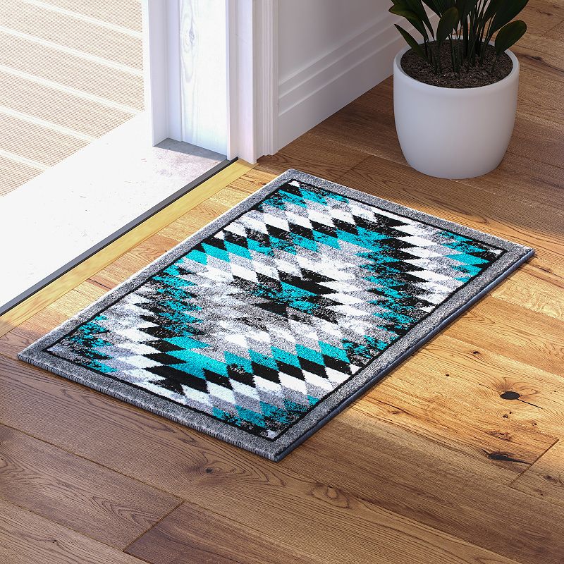 Masada Rugs Masada Rugs Stephanie Collection 2'x3' Area Rug Mat with Distressed Southwest Native American Design 1106 in Turquoise， Gray， Black and White