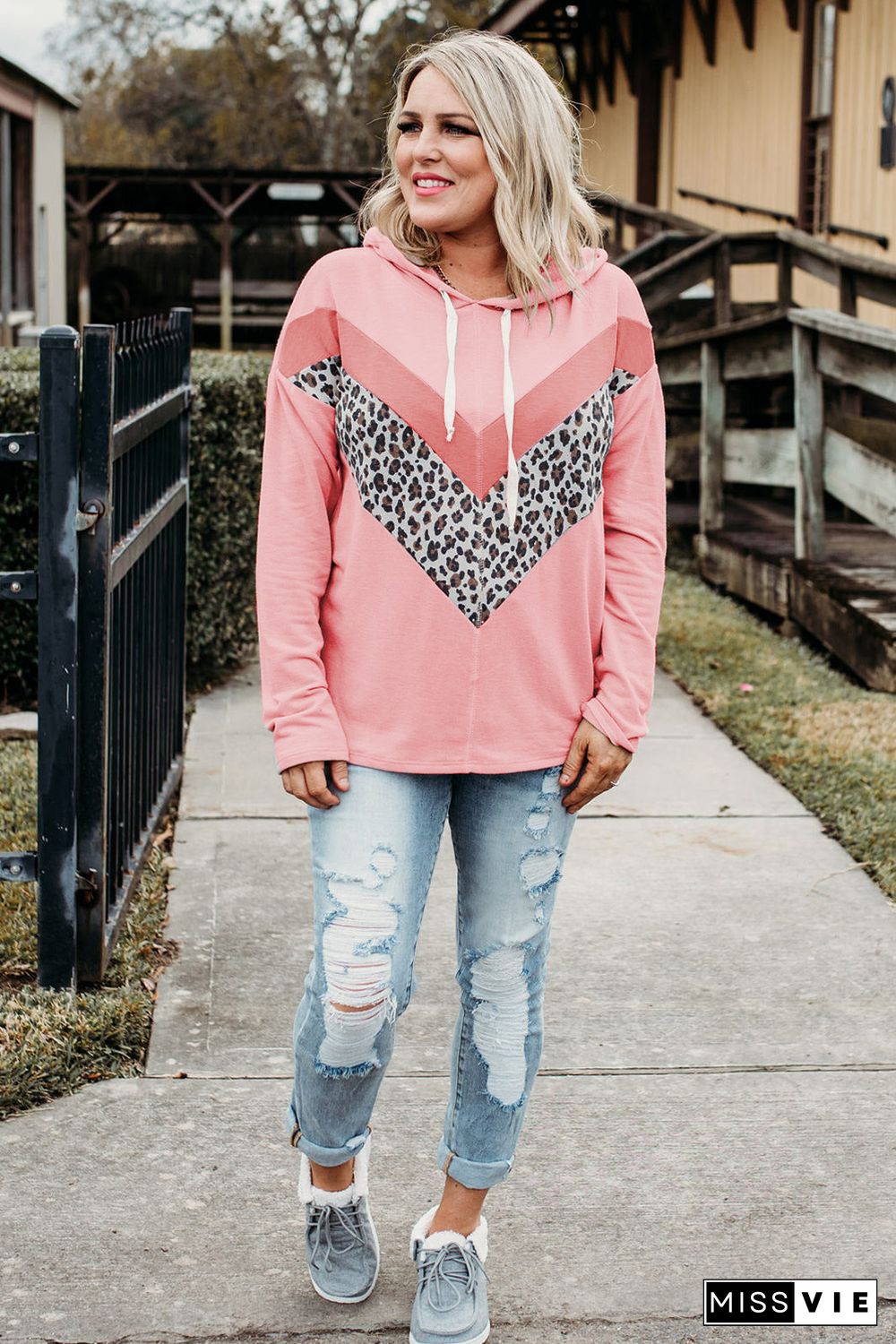 Plus Size Taupe Chevron Hooded Top