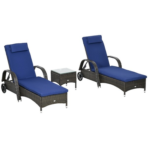 Outsunny Wicker Outdoor Chaise Lounge Set of 2 with Table，5Level Adjustable Backrest PE Rattan Pool Lounge Chair with Wheels