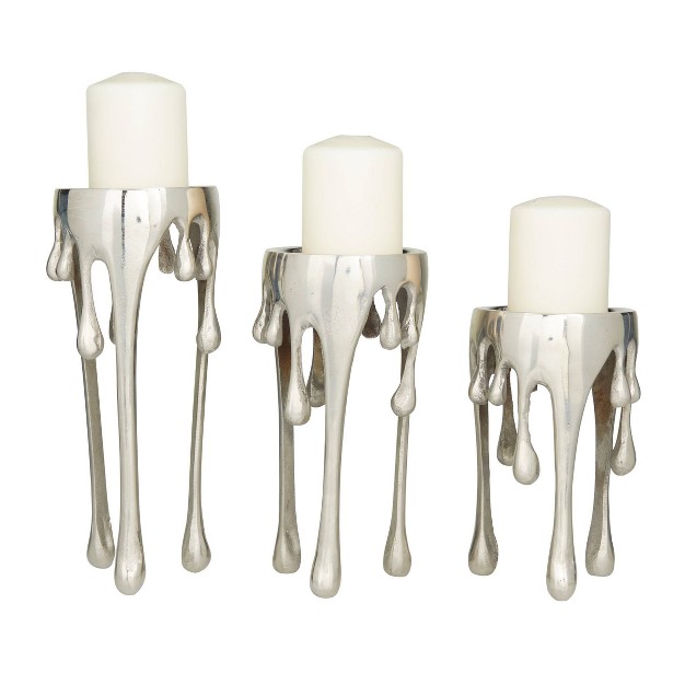 Set Of 3 Metal Drip Candle Holder With Melting Designed Legs Silver Cosmoliving By Cosmopolitan