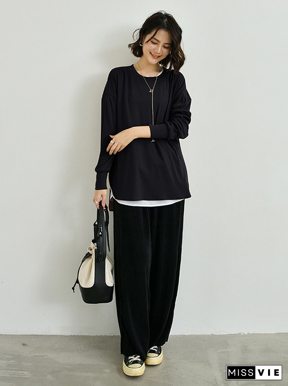 Simple Long Sleeves Loose Split-Side Solid Color Round-Neck T-Shirts Tops