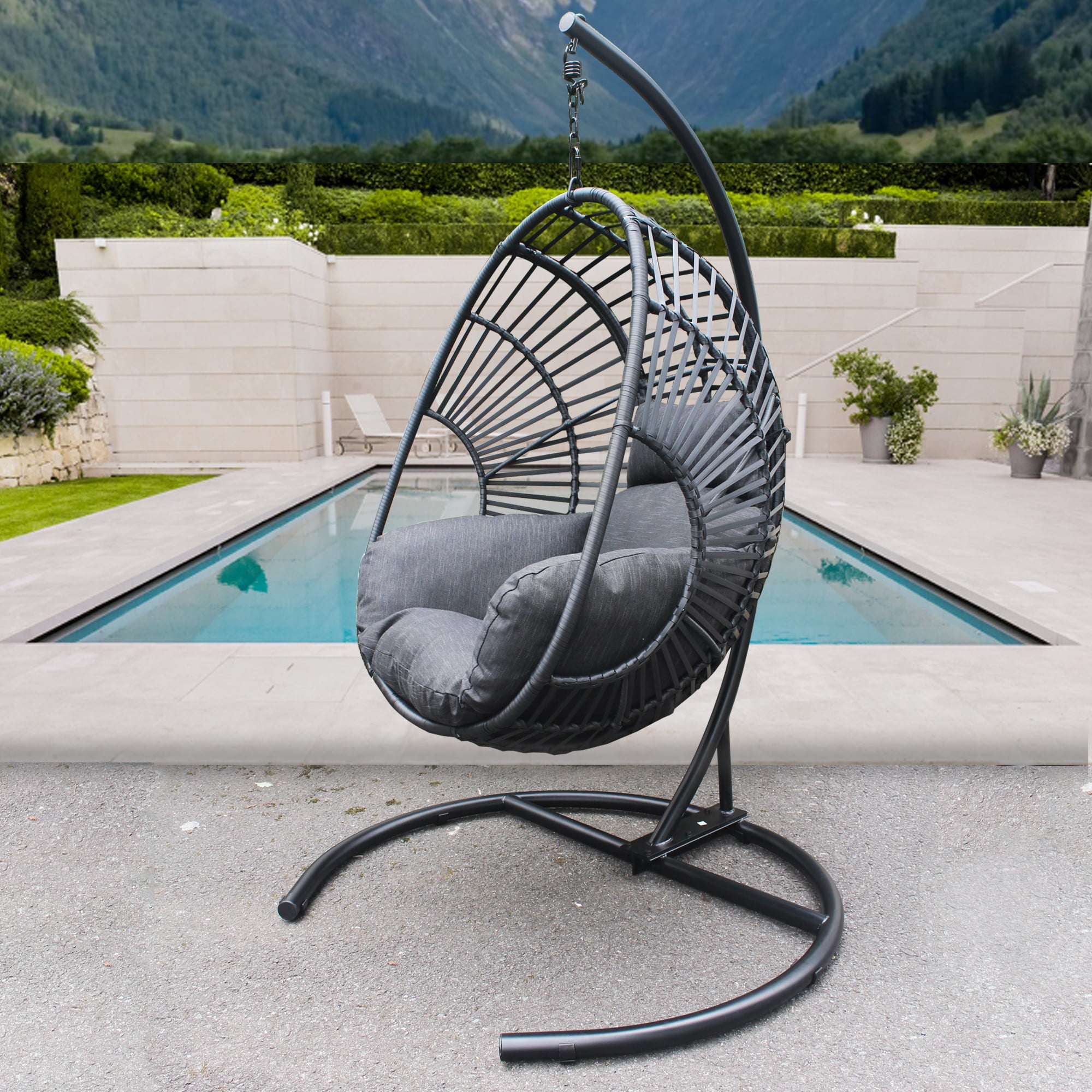 Nestfair Outdoor Indoor Black Wicker Swing Egg Chair with Antracite Cushion