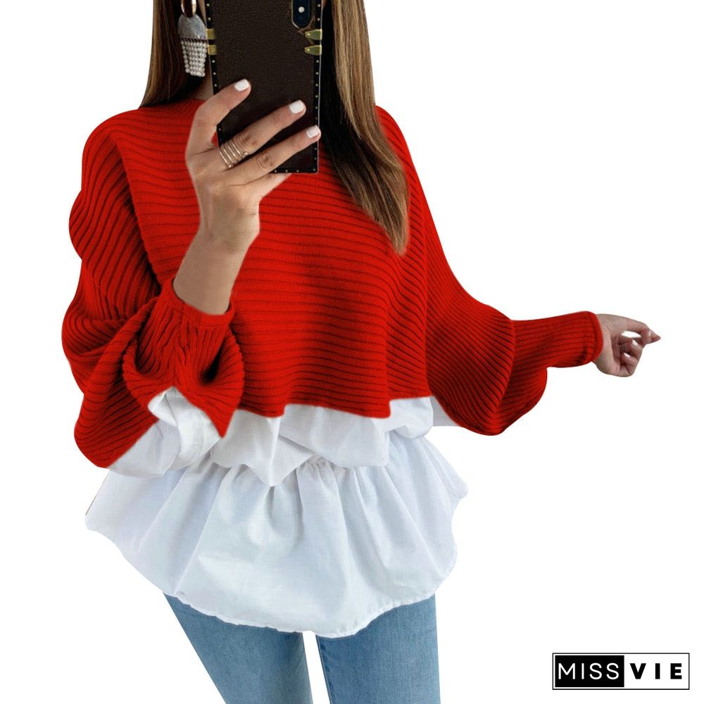 Sale Knitted Patchwork Shirt Women Autumn Blouse And Tops Ladies Lantern Sleeve O Neck Knitting Striped Shirt Female Camisa D30