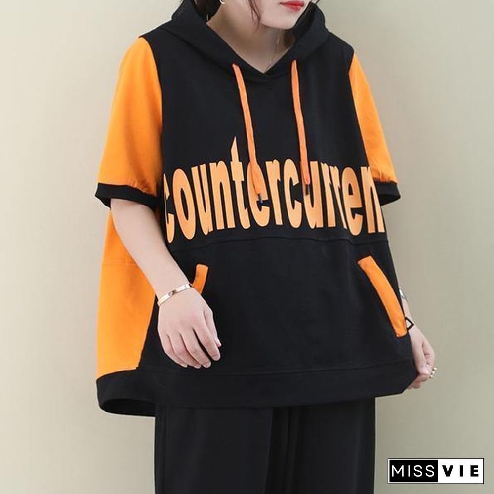 Women o neck cotton summer tunics for women Sewing orange Letter blouses