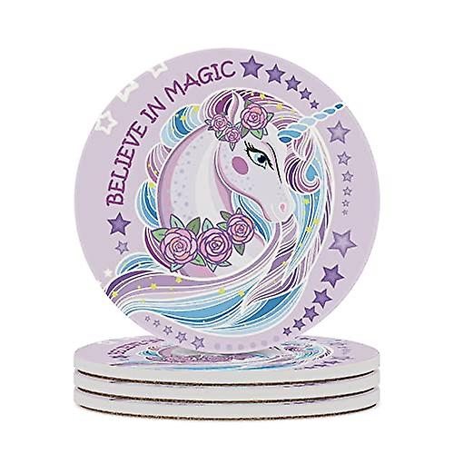 Round Drink Coasters 6 Pcs Beautiful Unicorn With Roses Absorbent Ceramic Coaster With Cork Base For Coffee Cups Housewarming Gift For Home Decor