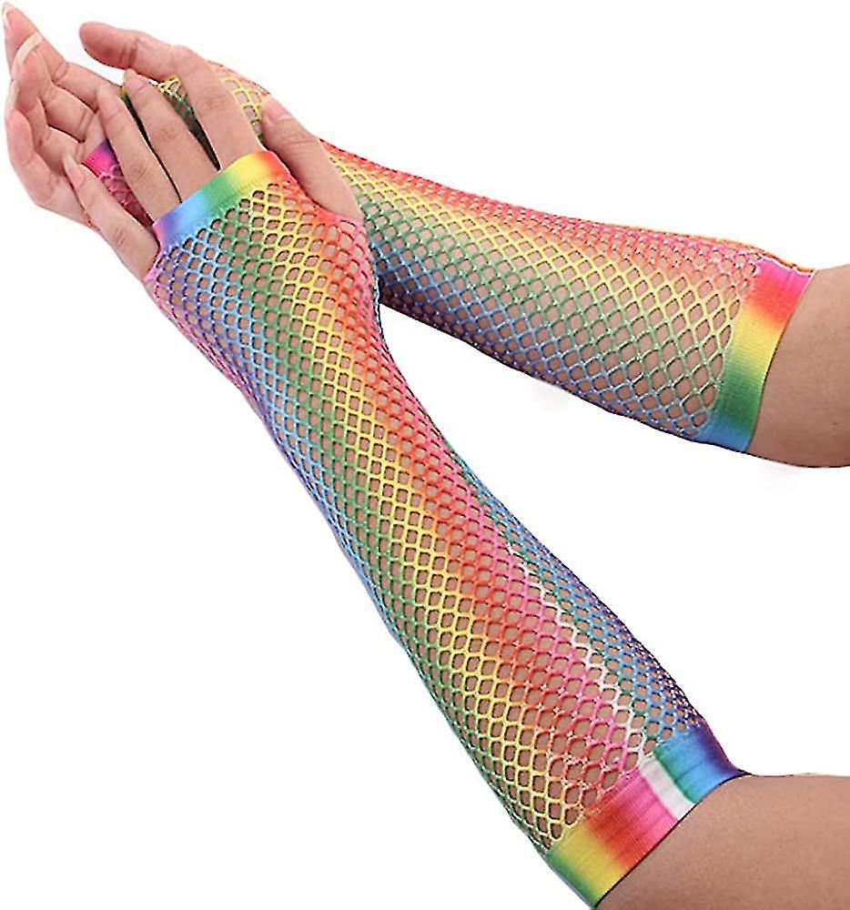 Women's Stretchy Rainbow Gradient Fingerless Fishnet Gloves Costume Party