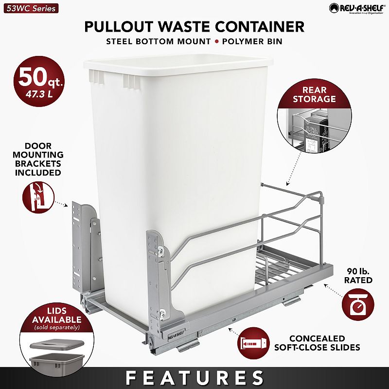 Rev-A-Shelf Pull Out Kitchen Trash Can 50 Qt with Soft-Close， 53WC-1550SCDM-111