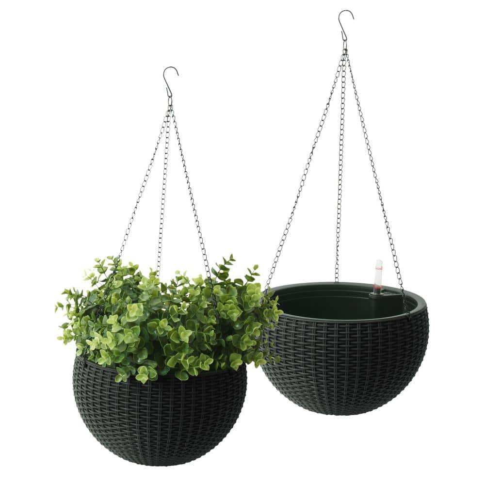 Algreen Wicker 10 in. Hanging Basket Planter Self-Watering Plastic Rattan Black (2-Pack) 14327