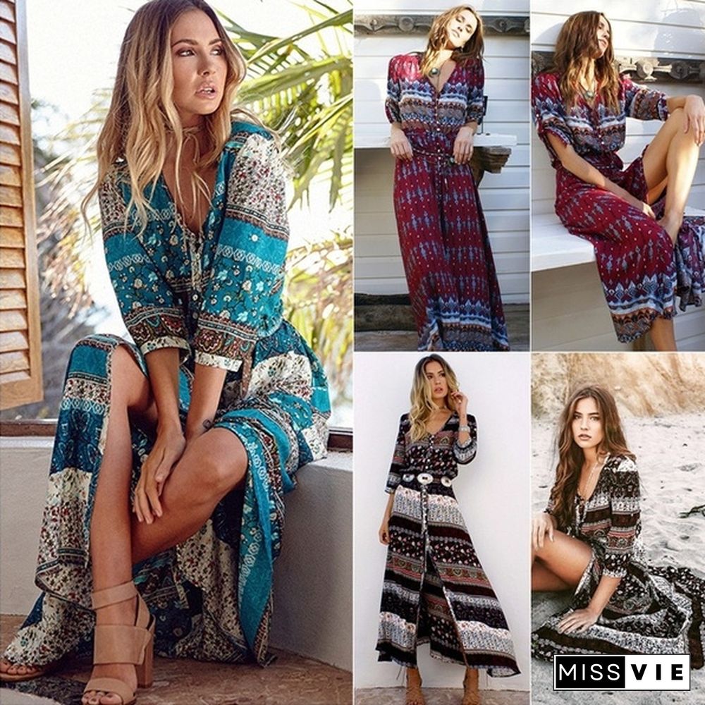 New Bohemian Printing Long Dress Women Maxi Long Dress Floral Print Retro Hippie Vestidos Chic Brand Clothing Boho Dress