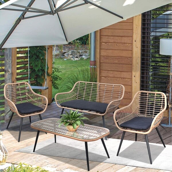 4 Pieces Patio Set Wicker Conversation Set with Cushions