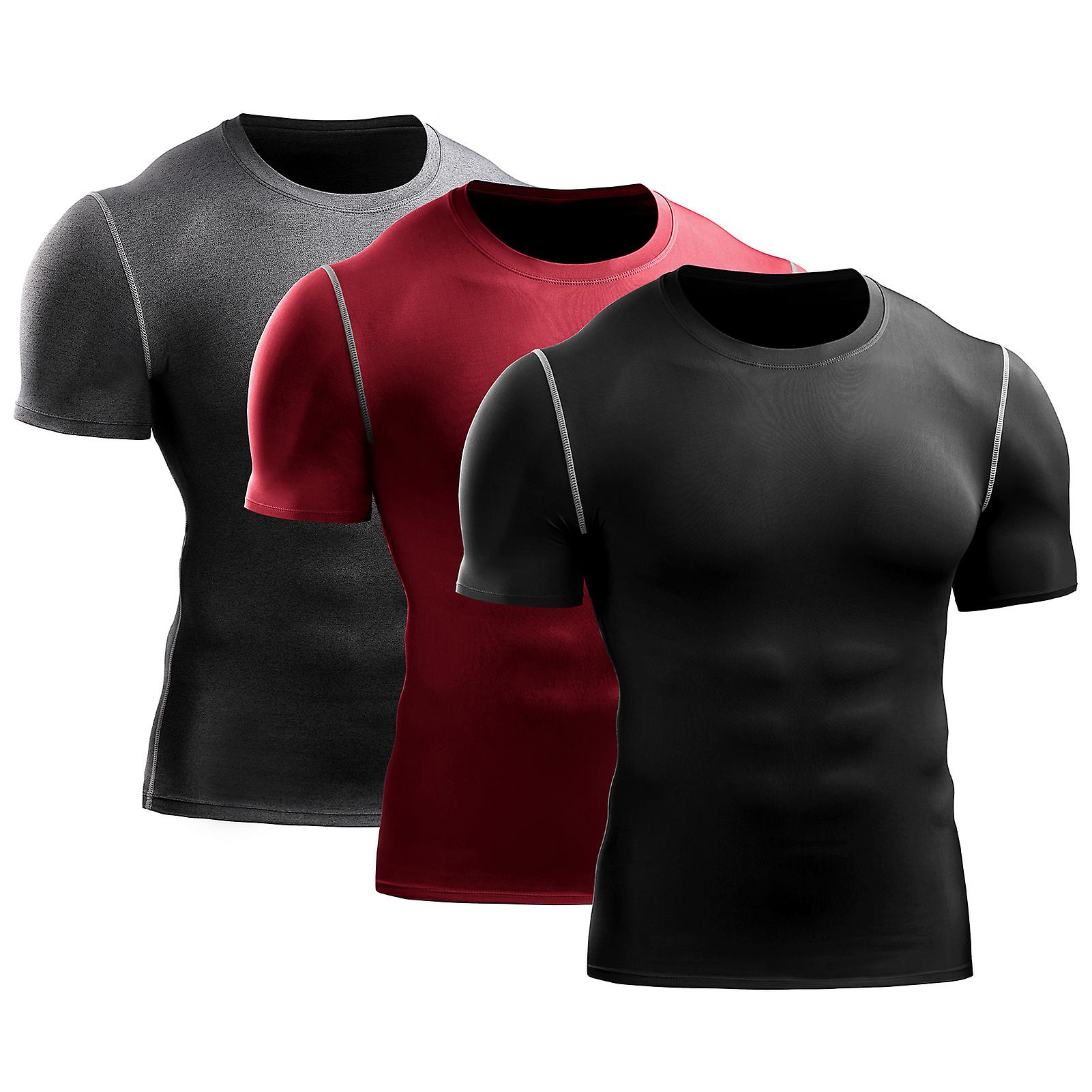 3-pack Mens Sport Shirt Quick-dry Gym Workout Fitness Running Undershirt O-neck Solid Bodycon Tops Black and Dark Blue and Red 3x-large