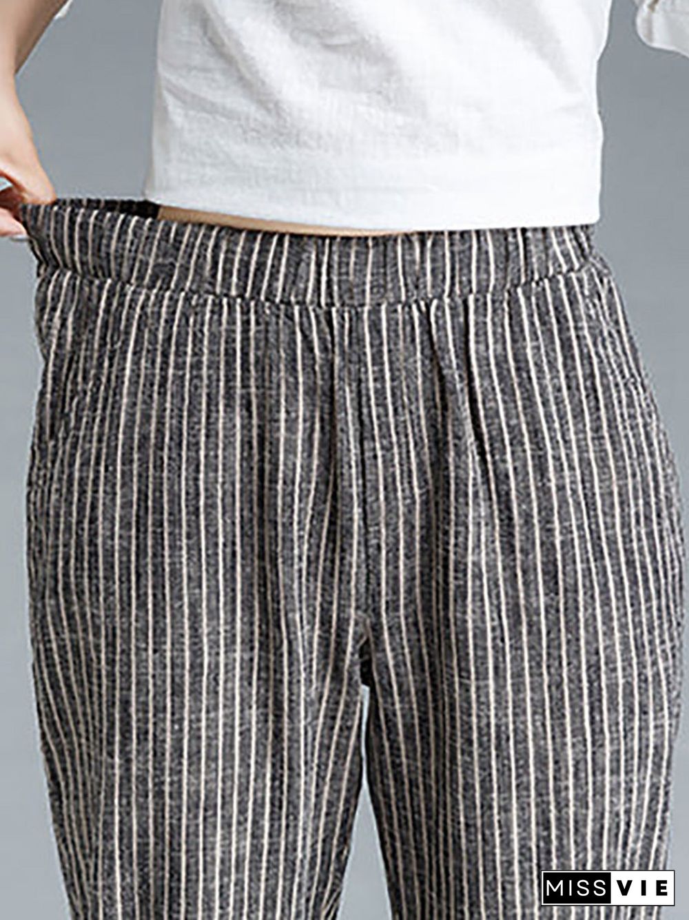 Plus Size Buykud Stripe Cotton Linen Women Pants