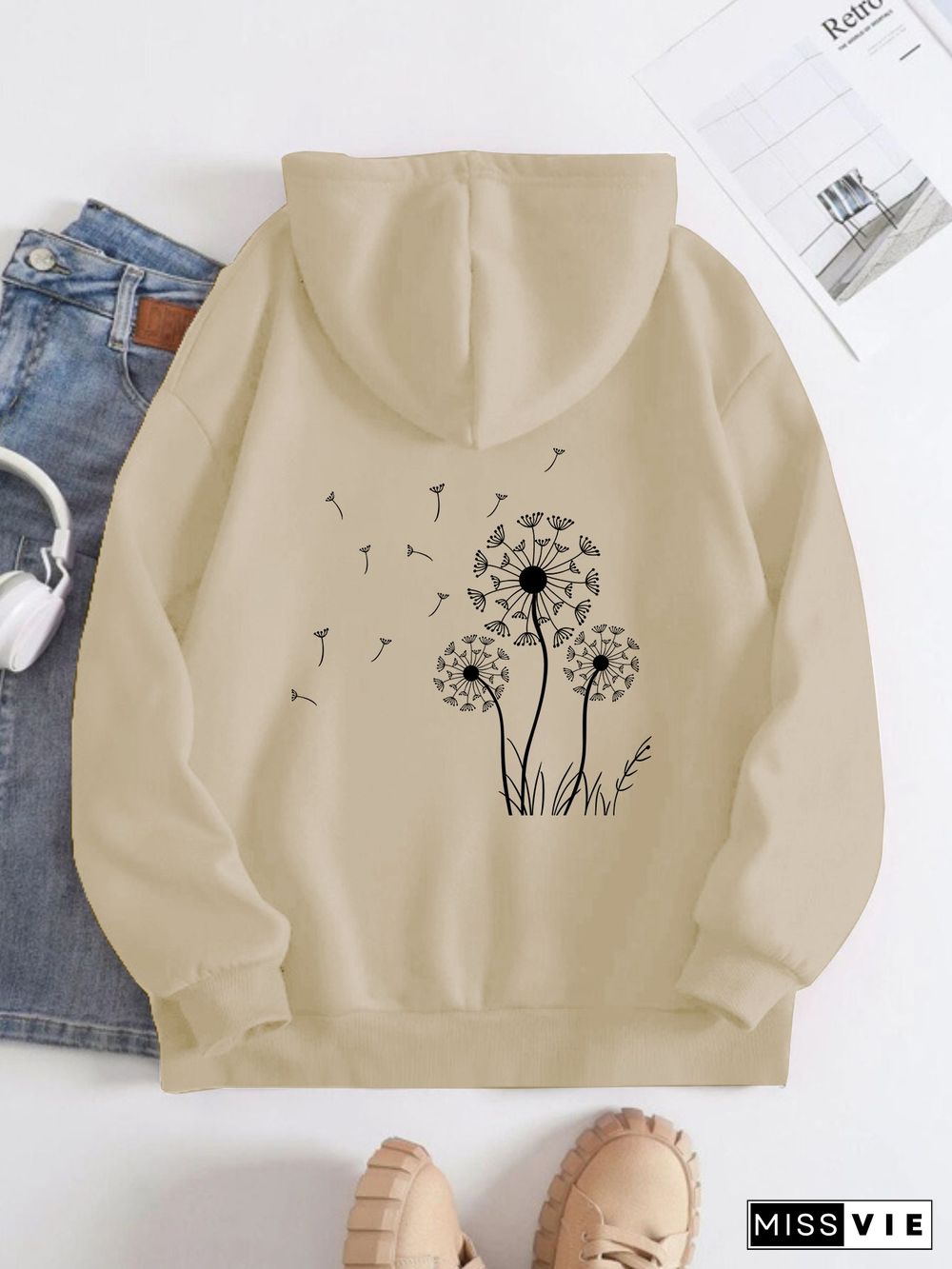 Printed on the Back Kangaroo Pocket Hoodie Long Sleeve for Women Pattern Dandelion