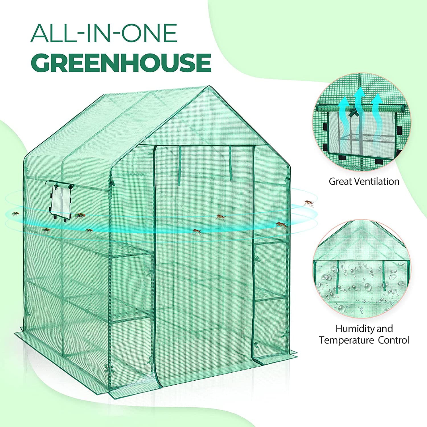 EAGLE PEAK Walk-in Greenhouse 2 Tiers 8 Shelves with Roll-up Zipper Door and 2 Side Mesh Windows, Outdoor Indoor Portable Gardening Plant House 56'' x 56'' x 77'' , Green