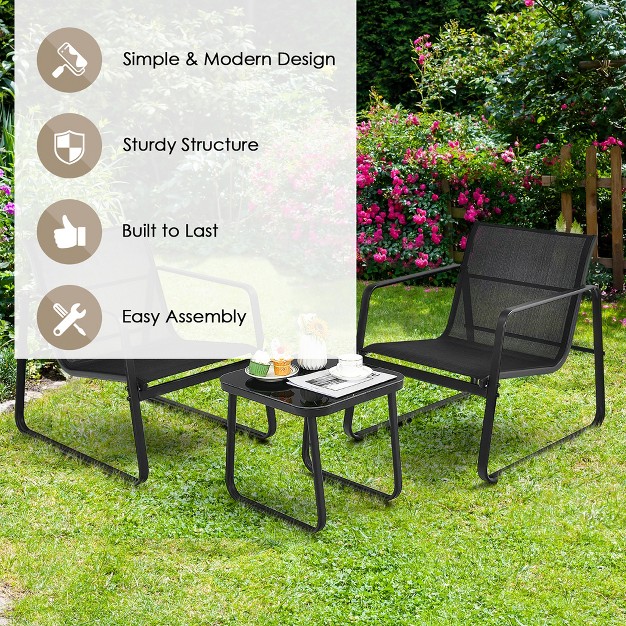 Costway 3pcs Patio Bistro Furniture Set Glass Top Table Garden Deck Black