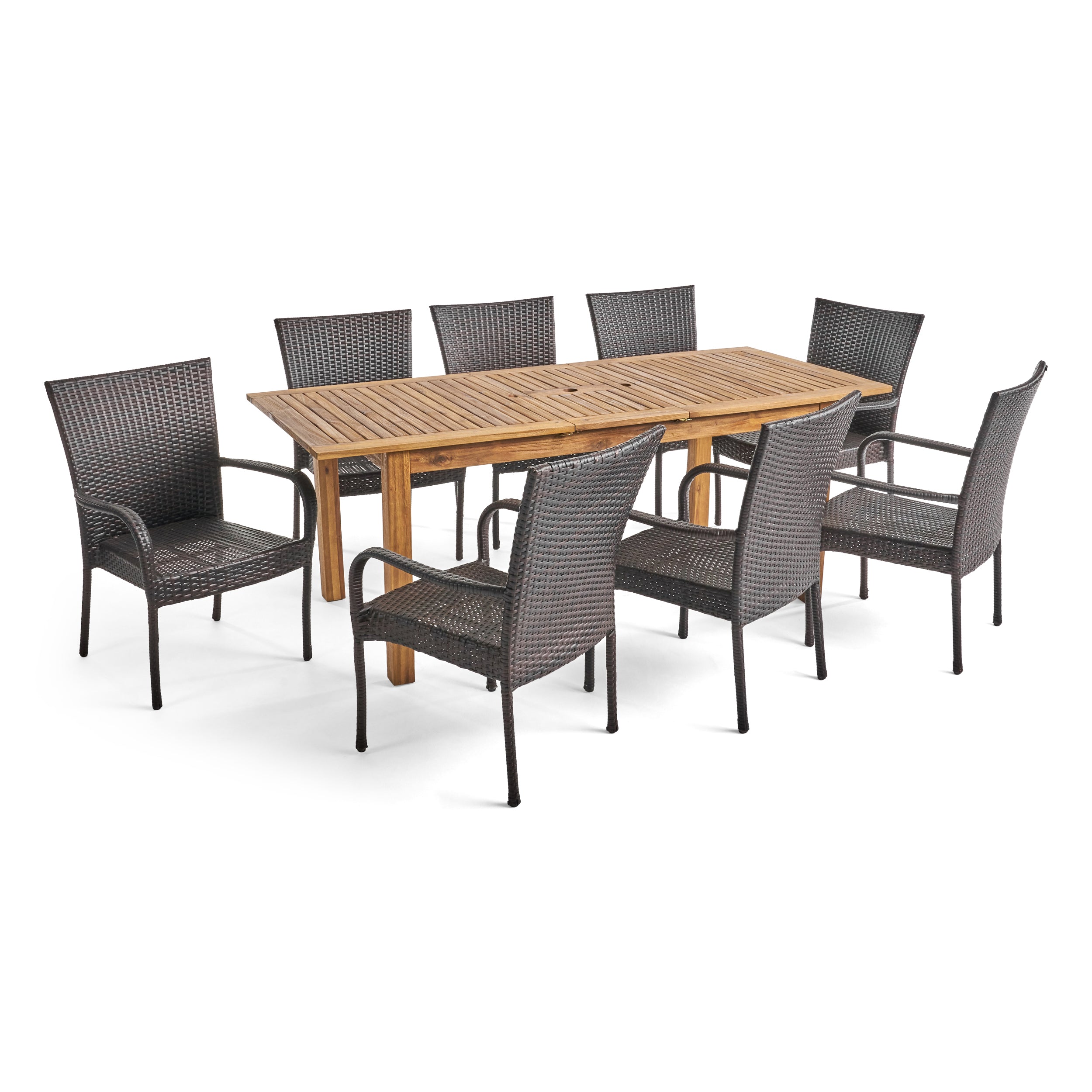 Ellis Outdoor 7 Piece Wood and Wicker Expandable Dining Set