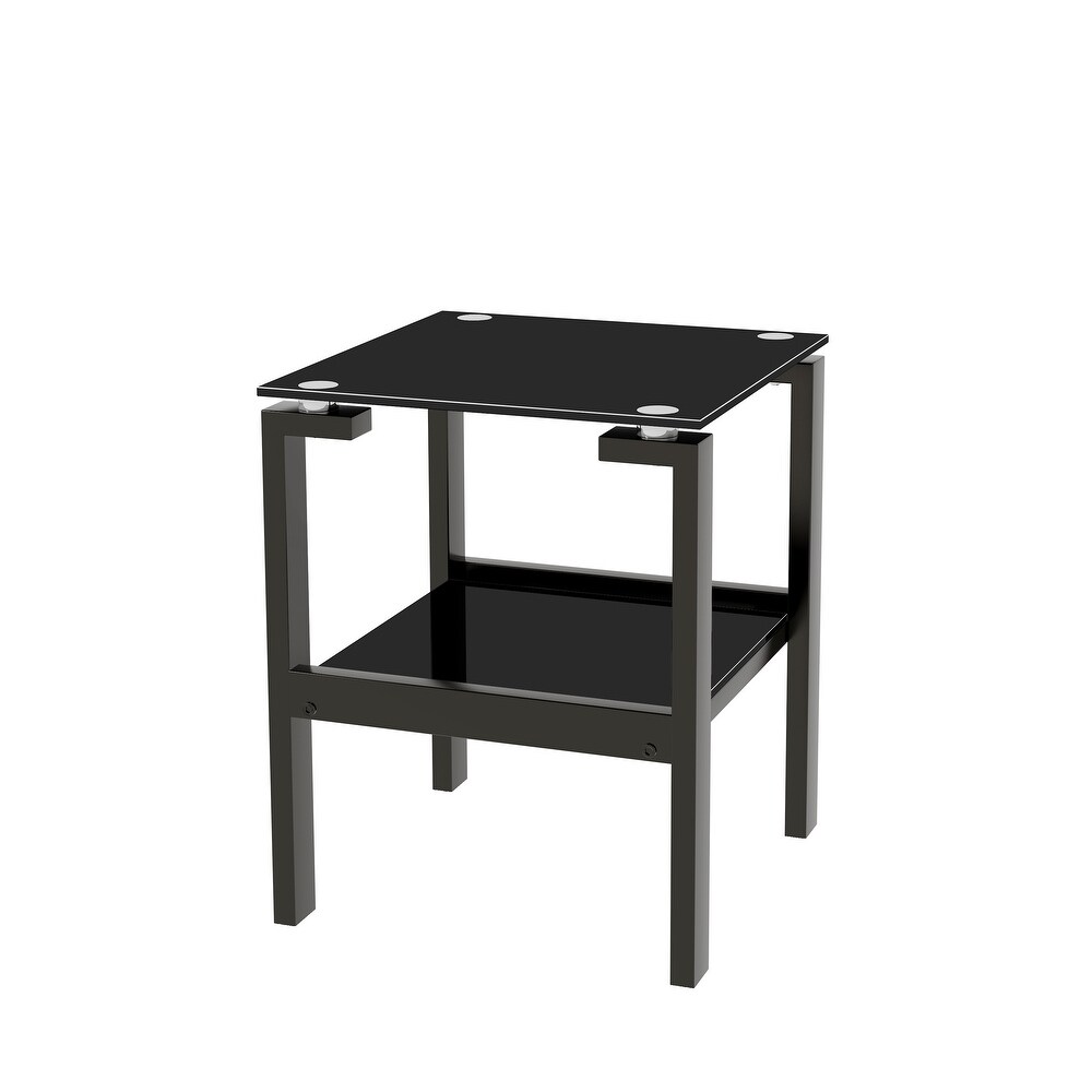 Black Tempered Glass End Table Small Side Table with 2 Layer