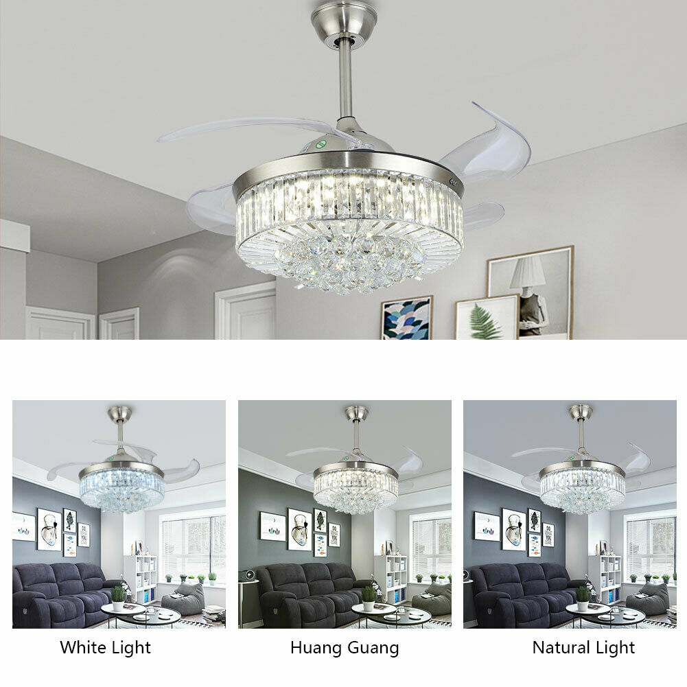 TFCFL Crystal Ceiling Fan with Light,Ceiling Fan LED Light with Retractable Blades and Remote Control,Indoor Fan Light (36''silver)