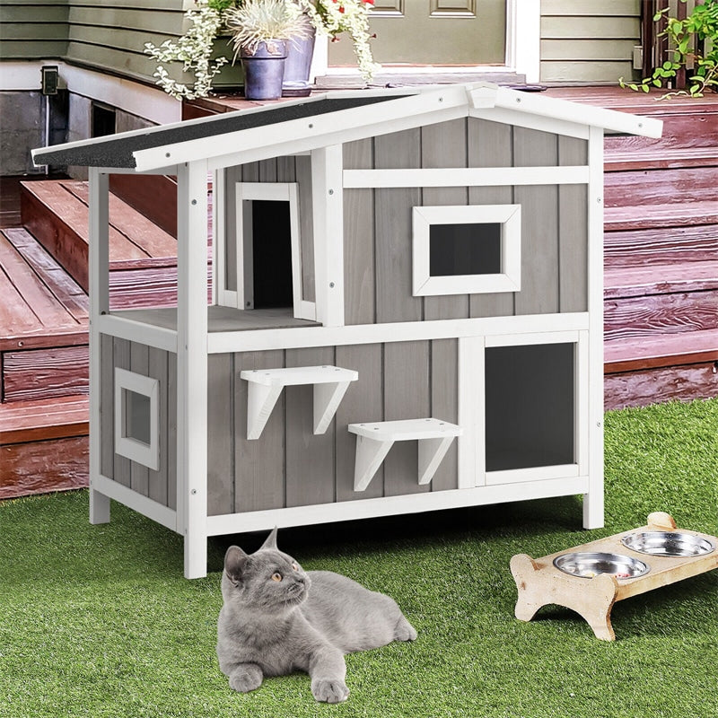 2-Story Outdoor Cat House Weatherproof Wooden Feral Cat Shelter Kitten Condo Cage Furniture with Escape Door Balcony & 2 Jumping Platforms