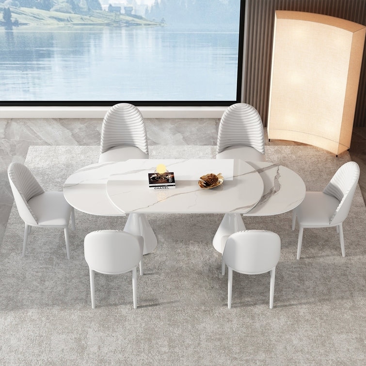 Modern extendable 67'' to 94.5'' Kitchen Table White sintered Stone Table top for 6 10 People(1 Table 6 White Chairs)