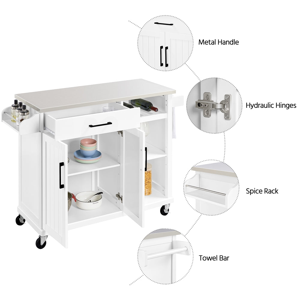 Topeakmart Kitchen Cart with Stainless Steel Top and Storage Kitchen Island on Wheels with Drawer and Cabinet and Open Shelves