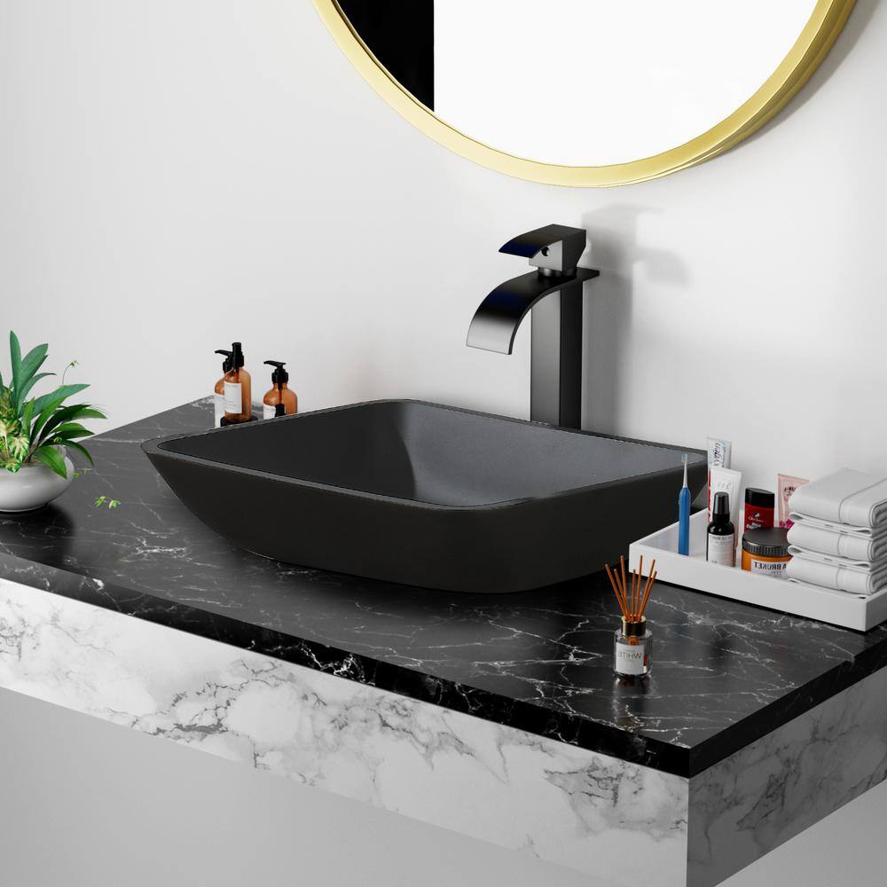 HBEZON Black Glass Rectangular Vessel Bathroom Sink RS-W928-14L-BK