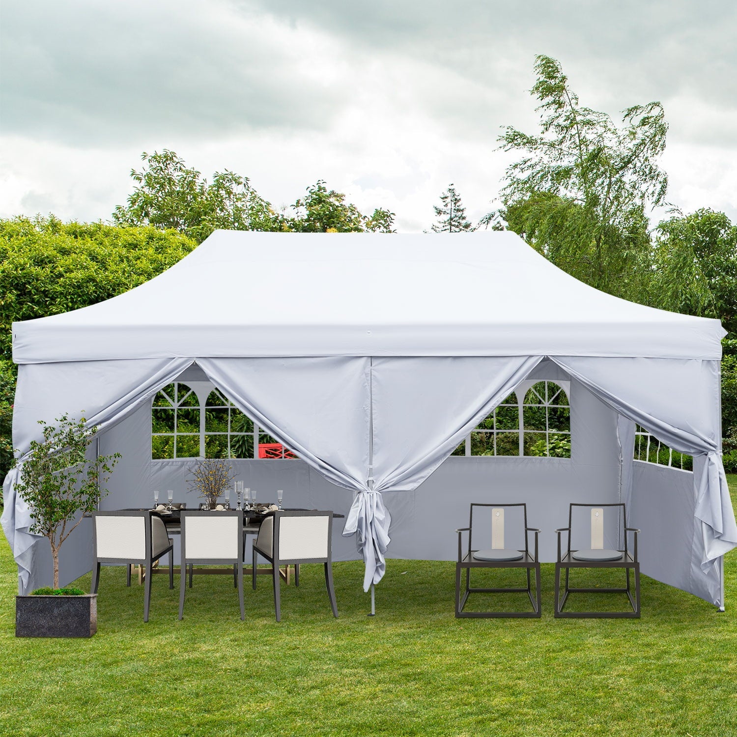 Outdoor Basic 10' x 20' Pop up Instant Canopies Tent with 6 Removable Sidewalls for Party Commercial Activity,White