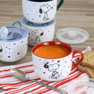 Gibson Peanuts Freckled Joy 25 fl. oz. Assorted Colors Stoneware Soup Bowl Cup and Lid (Set of 4) 985118492M