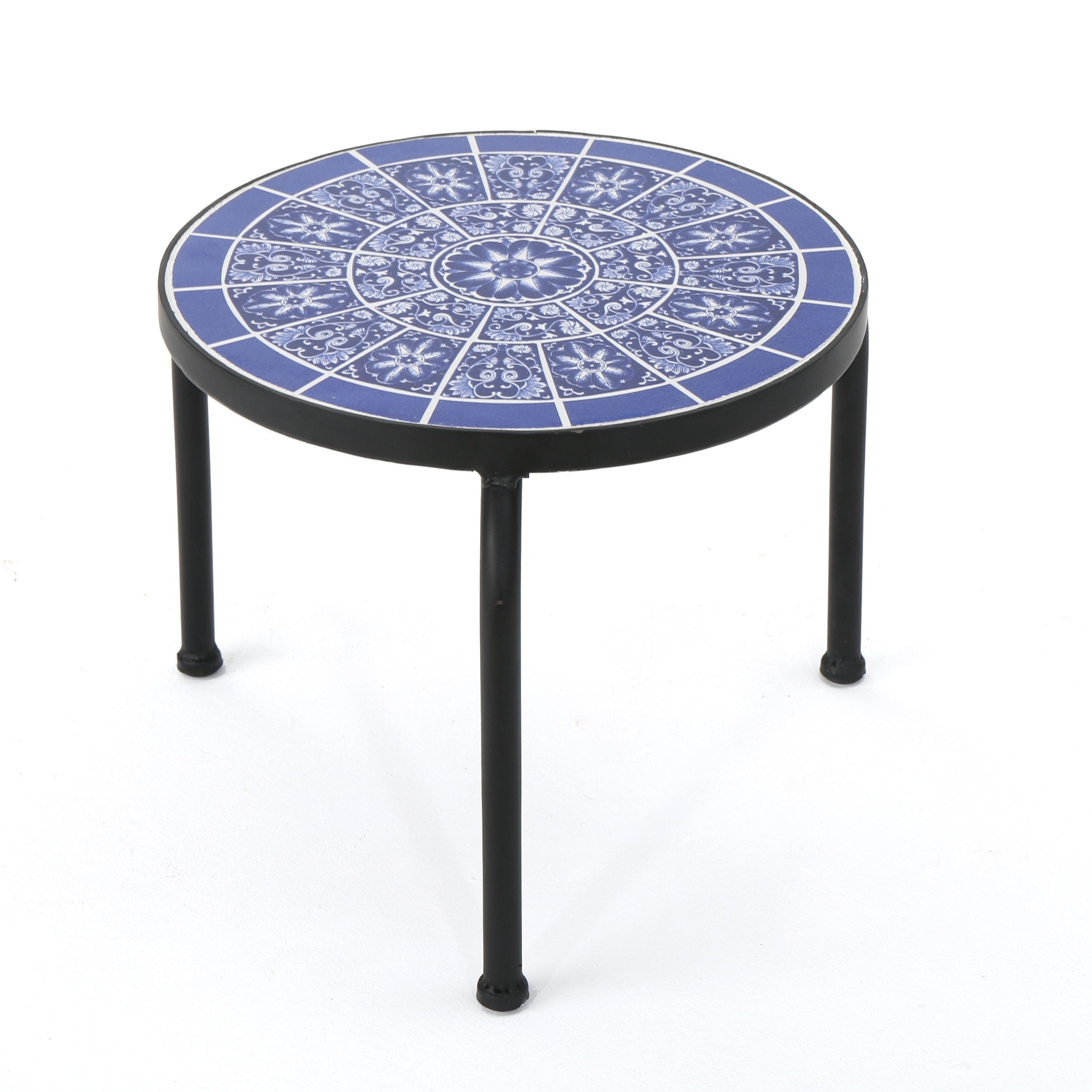 Soleil Outdoor Blue & White Ceramic Tile Iron Frame Side Table