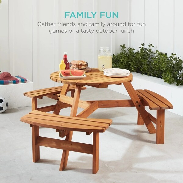 6Person Circular Wooden Picnic Table w/ Umbrella Hole，3 Benches