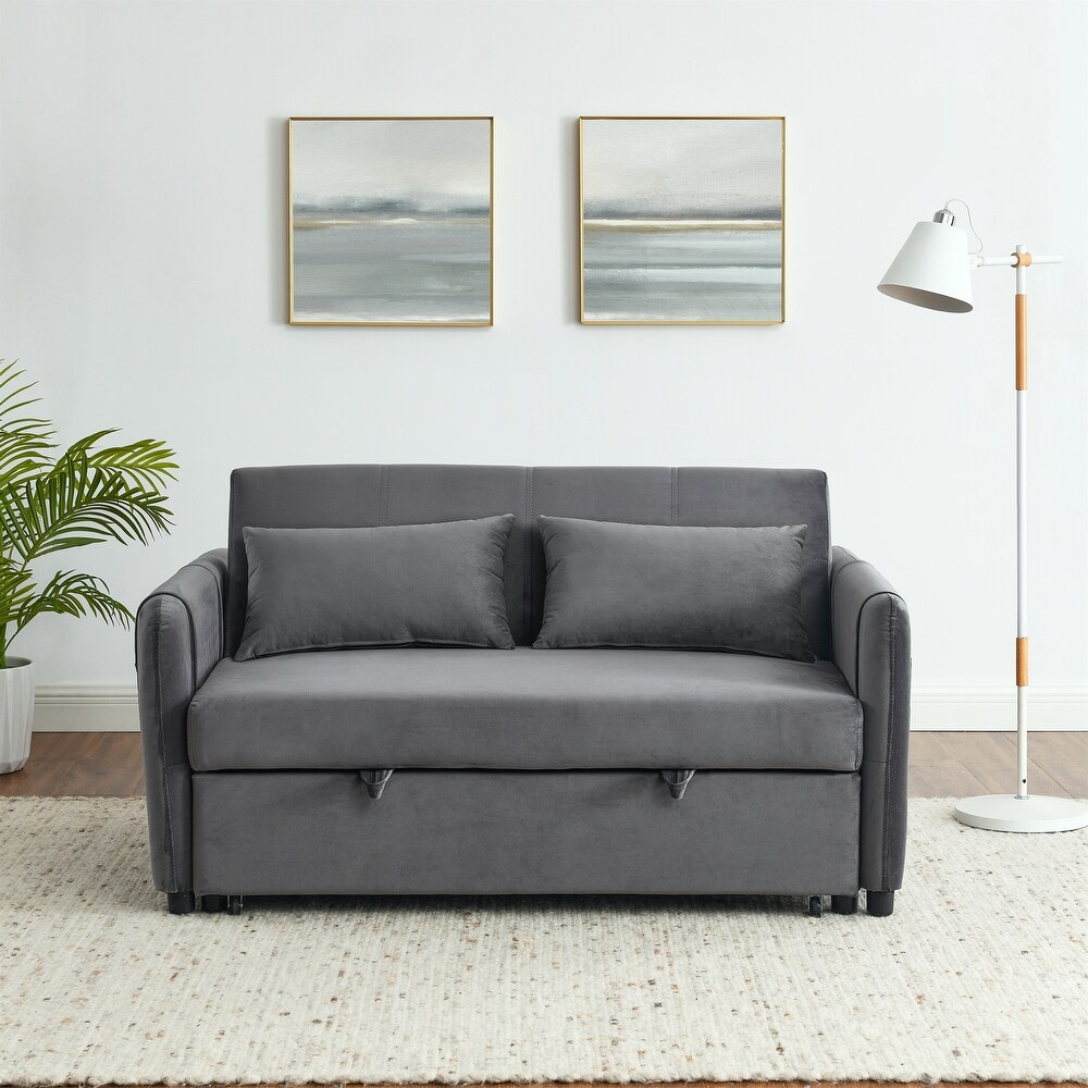 Velvet Upholstered Pull out Sleeper Sofa Convertible Sofa Bed with Adjustable Backrest  Lumbar Pillows and Side Pockets