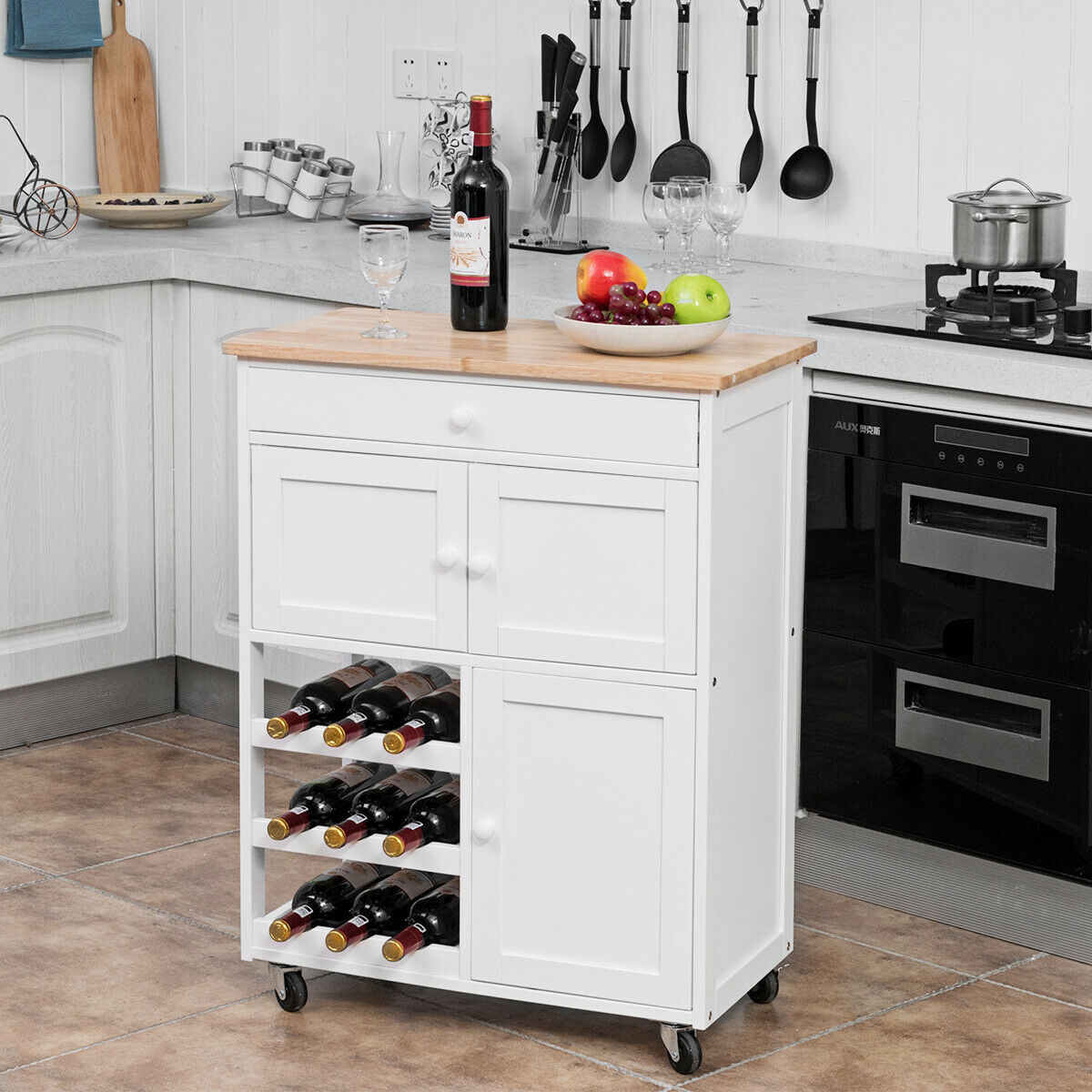 Gymax Modern Rolling Kitchen Cart Trolley Island Storage Cabinet w/DrawerandWine Rack