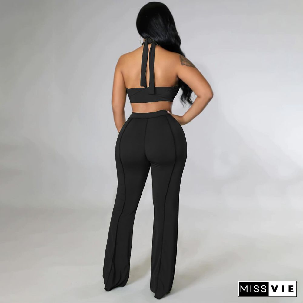 Halter Backless Crop Top Flared Pants Two Piece Set