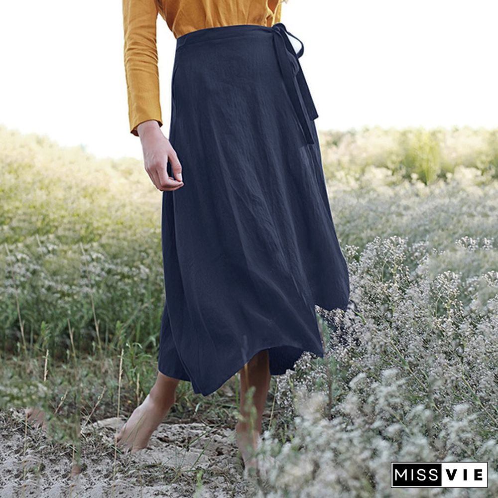 Women Vintage Elegant Skirt Cotton Side Tie A-Line Skirt Summer Long Skirts