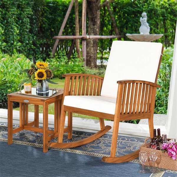 2 Pieces Acacia Wood Patio Rocking Chair Table Set -  - 37563814