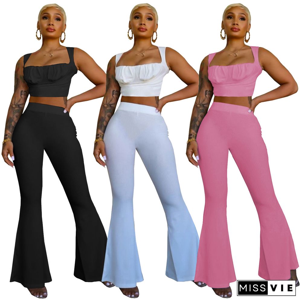 Summer Clothes Solid Color Knitted Sleeveless Crop Top Flare Pants Clubwear Vacation 2 Piece Set