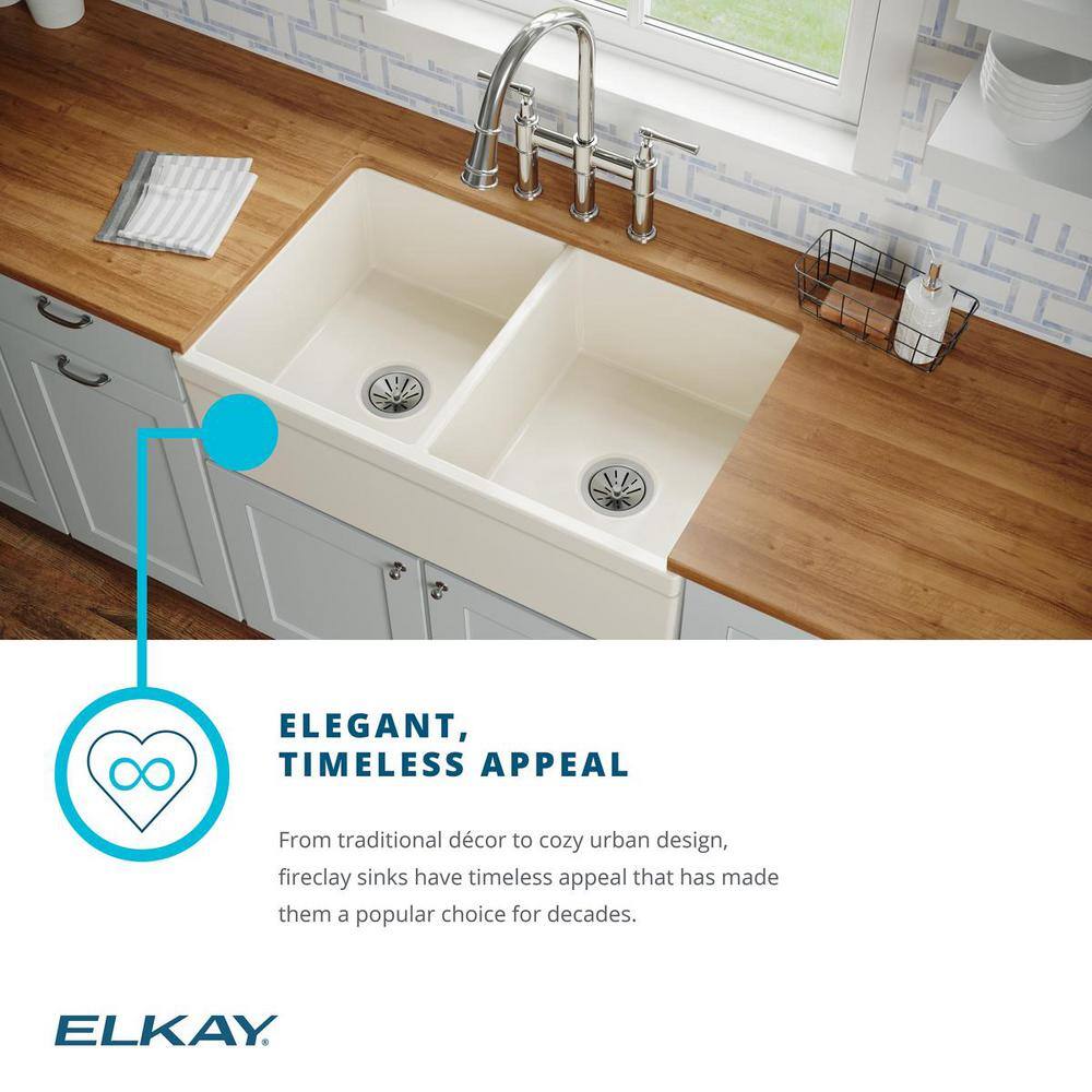 Elkay Explore Farmhouse Apron Front Fireclay 33 in. Double Bowl Kitchen Sink in White SWUF32189WH