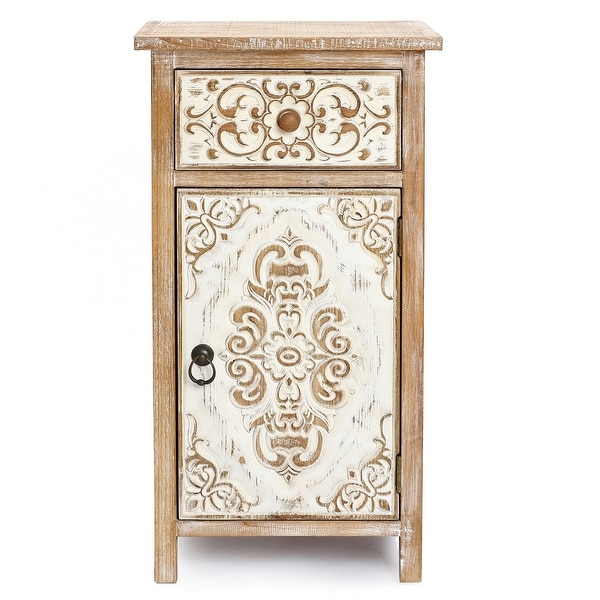 Distressed Floral Carved Wood 1-Door and 1-Drawer End Table with Storage - 30.13