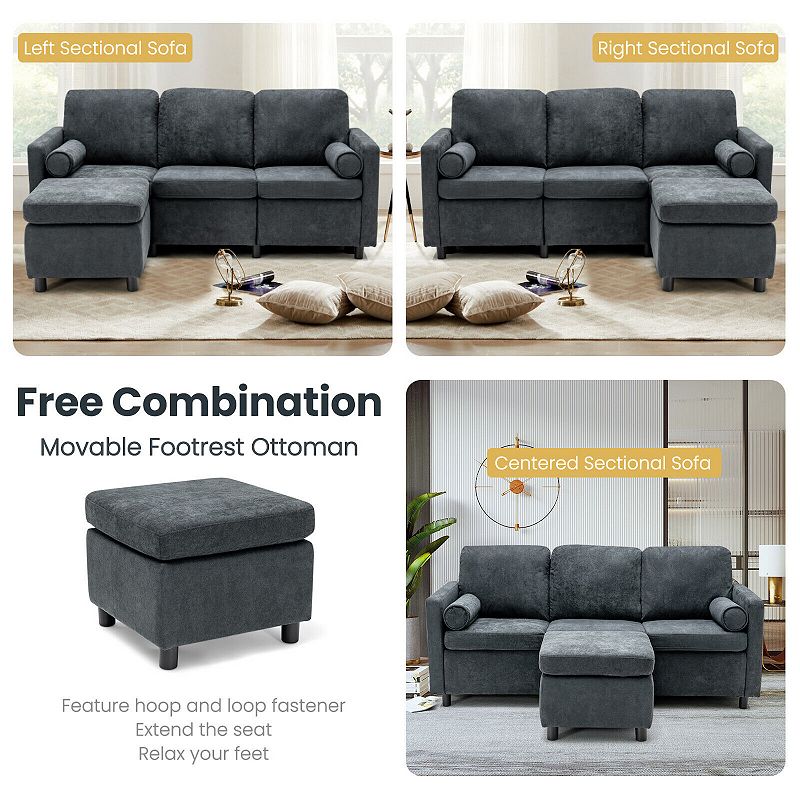 3 Seat L-Shape Movable Convertible Sectional Sofa with Ottoman-Gray