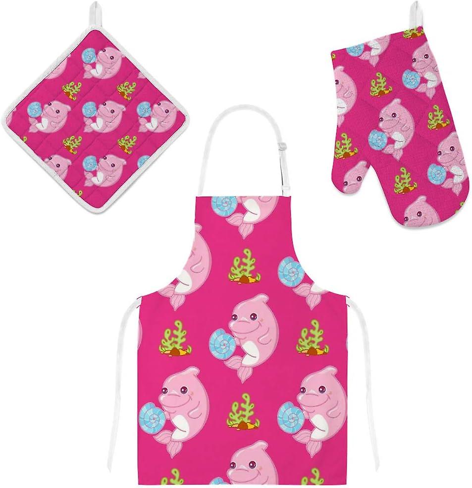 Insulation Kitchen Oven Mitts Potholder Apron 3pcs Set Dolphin With Seashells And Seaweeds Non Slip Heat Resistant Gloves For Baking Cooking Bbq