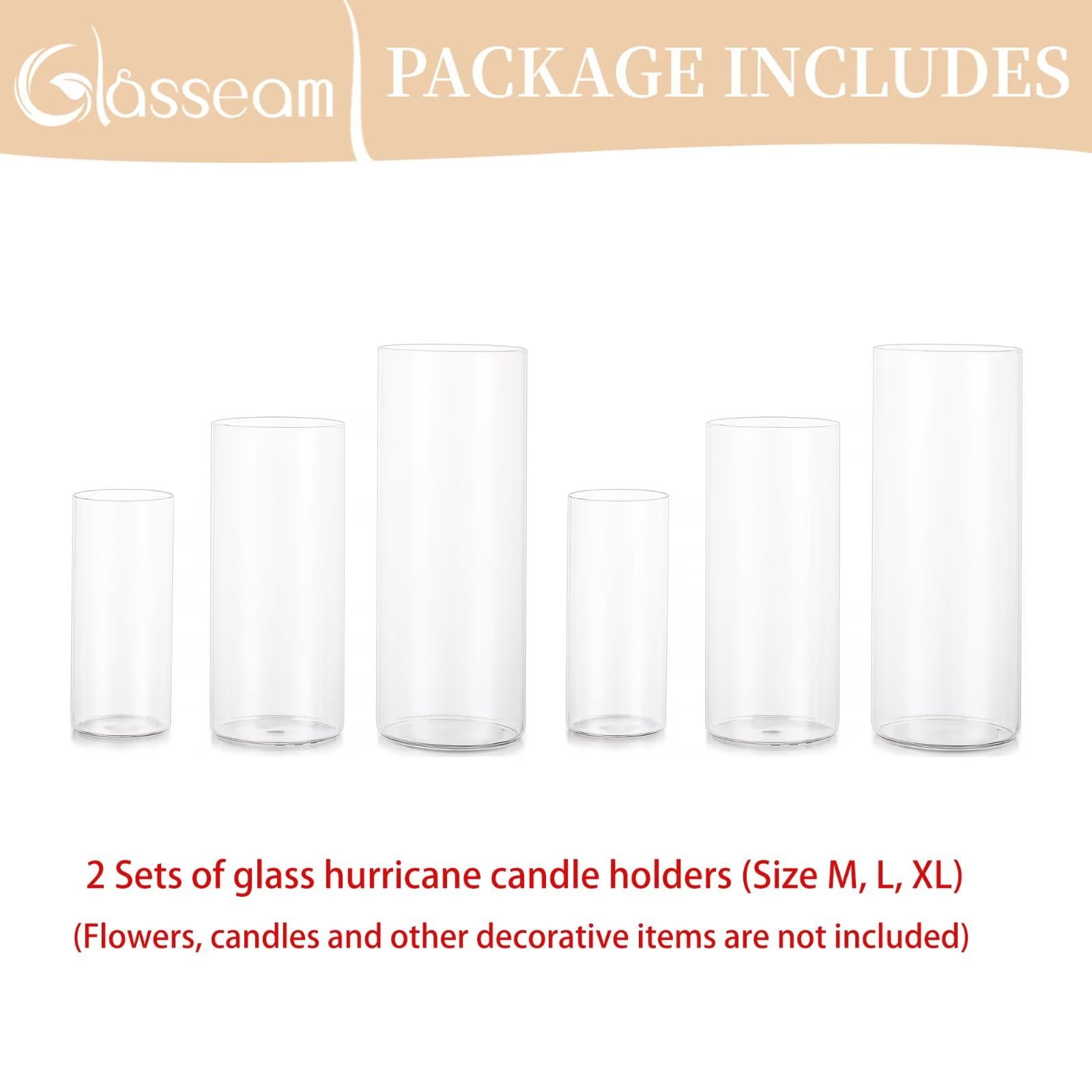 Glasseam Clear Glass Cylinder Hurricane Candle Holder Vases Set of 6 (6+7.8+ 10High)