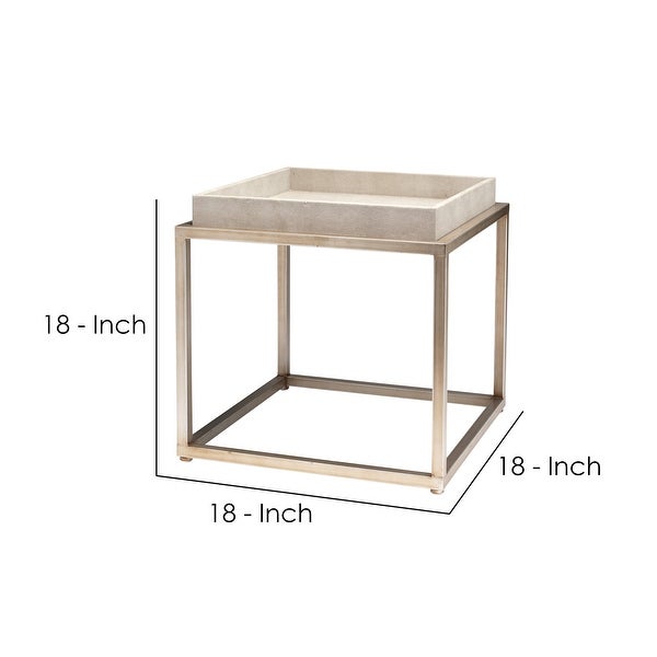 Side Table with Metal Base and Faux Leather Tabletop，Beige