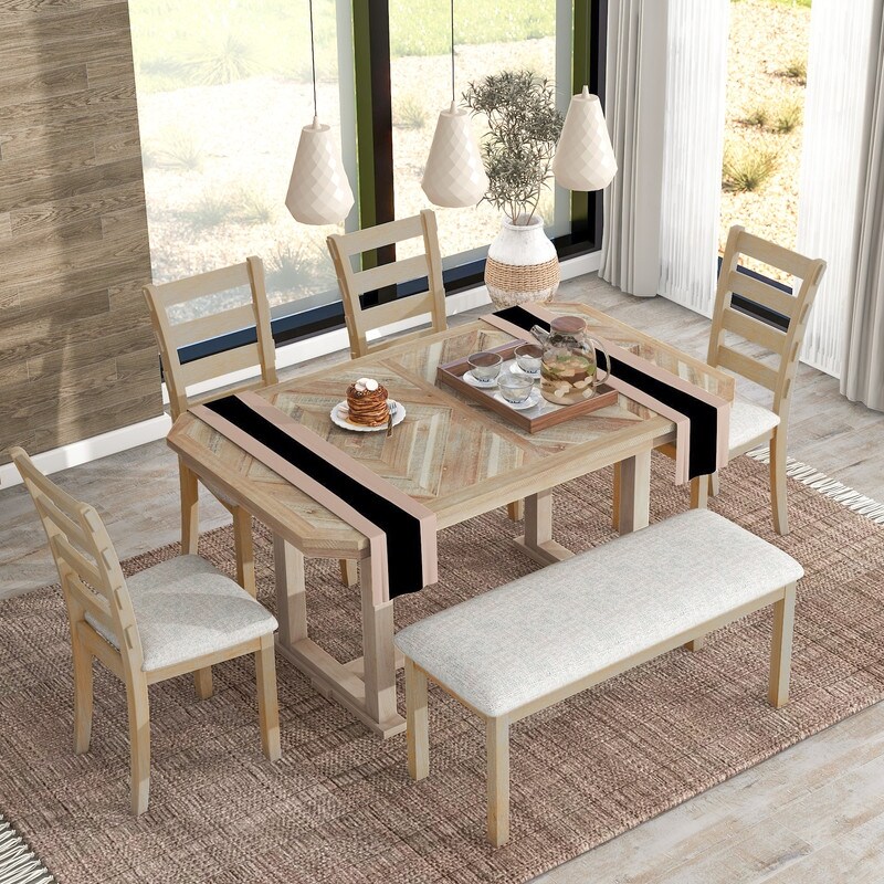 6 Piece Dining Table Set with Wood Grain Tabletop and Soft Cushion Chair