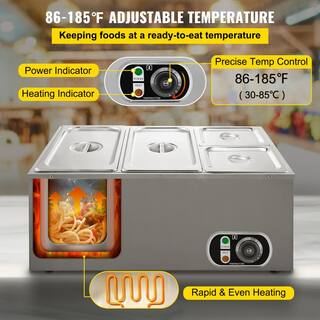 VEVOR 6 in. Deep Commercial Food Warmer 2x13GN and 2x16GN 4-Pan Stainless Steel Bain Marie 14.8 Qt. Capacity 1500W PT4BM-42B110VLRI8V1