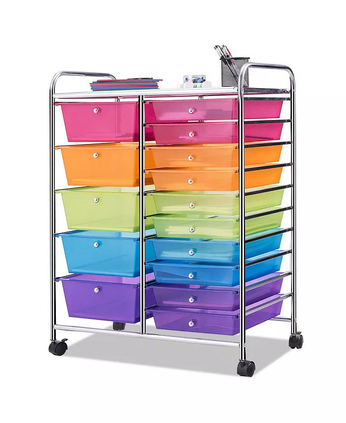 Costway 15 Drawer Rolling Storage Cart Tools Scrapbook Paper Office School Organizer