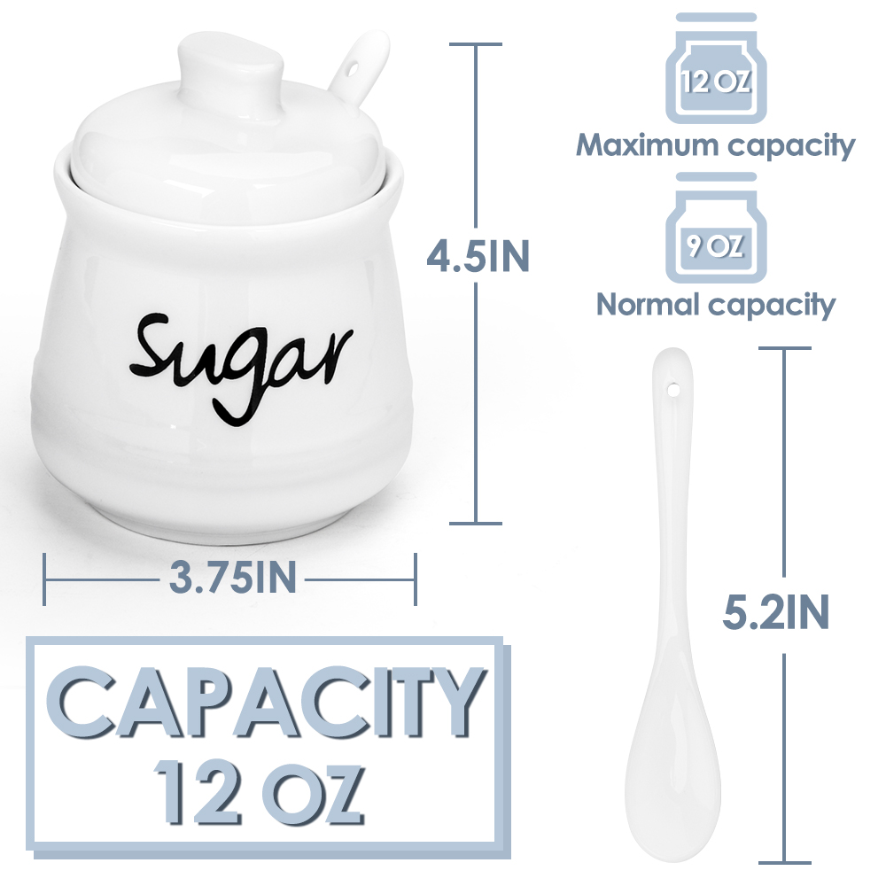 Quyimy Porcelain Sugar Bowl 12 fl oz with Lid and Spoon Ceramic Sugar Jar Dispenser Container(White)