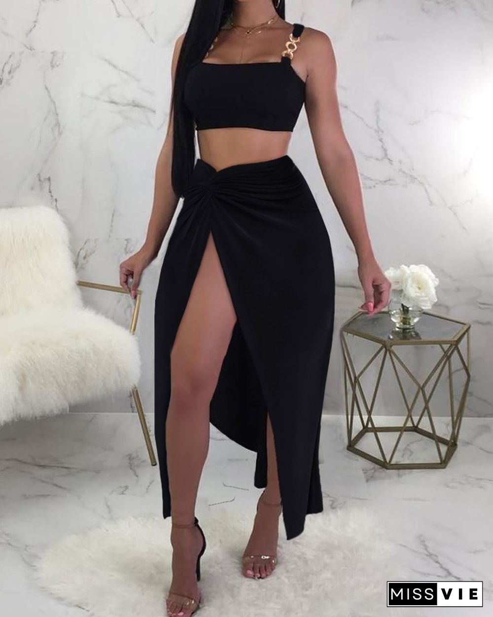 Chain Strap Crop Top & High Slit Twisted Skirt Set