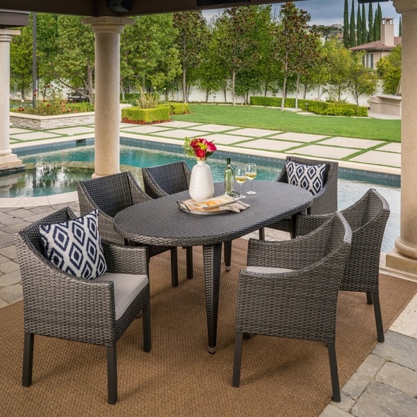 Benjamin Outdoor 7piece Oval Wicker Dining Set with Cushions by Christopher Knight Home